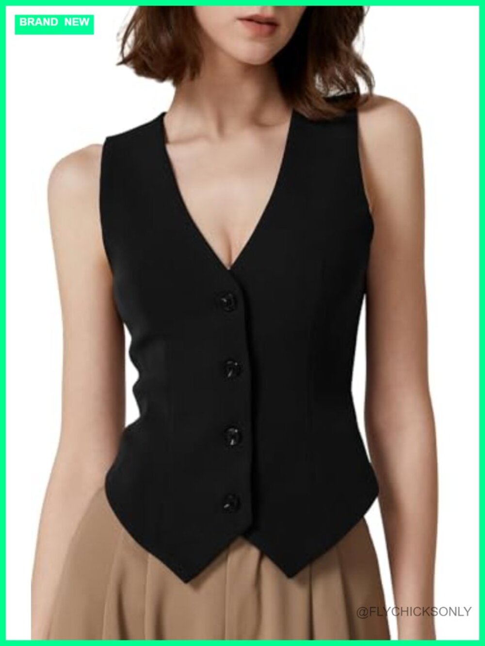 QINSEN Womens V Neck Button Down Sleeveless Crop Vest Top Fully Lined Slim Fit